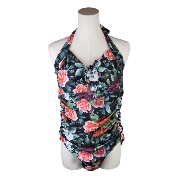 Floral Halter One Piece Swimsuit XL Ruched Keyhole Retro Rose Print Bathing Suit - Picture 1 of 8